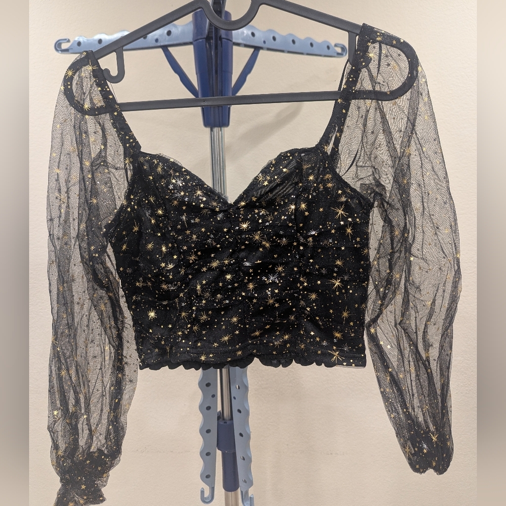 Peach Brand Black and Gold Sheer Starry Top Womens XS